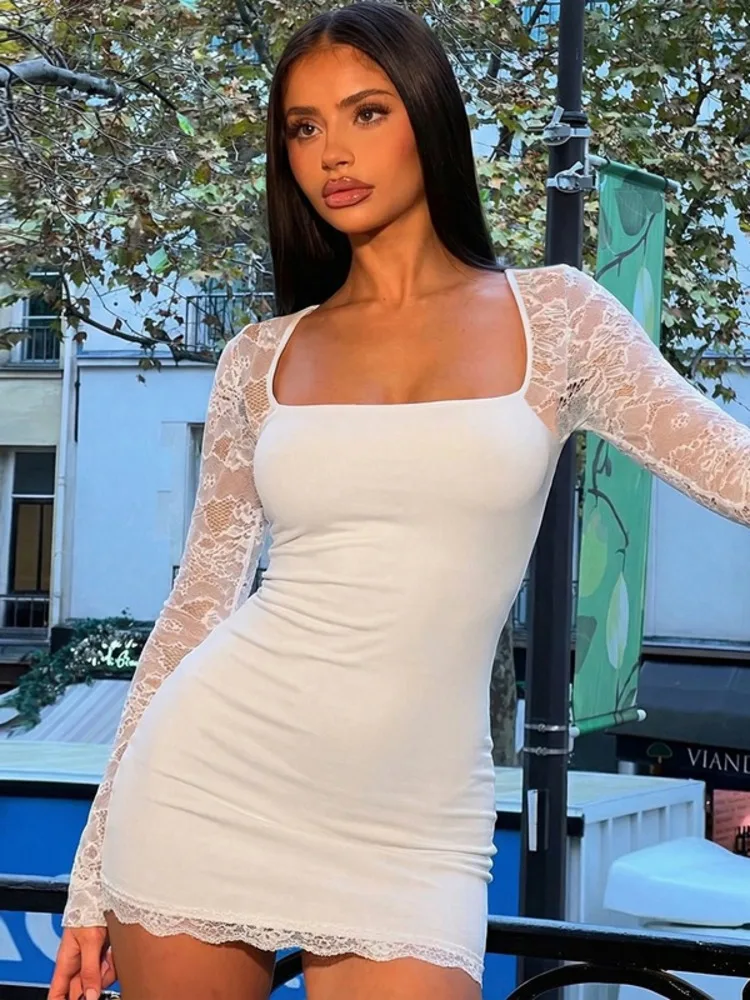 XIAOTANG dentelle pure à manches longues Sexy Mini robe femmes robe Patchwork col carré maigre Club robes de soirée Clubwear vêtements