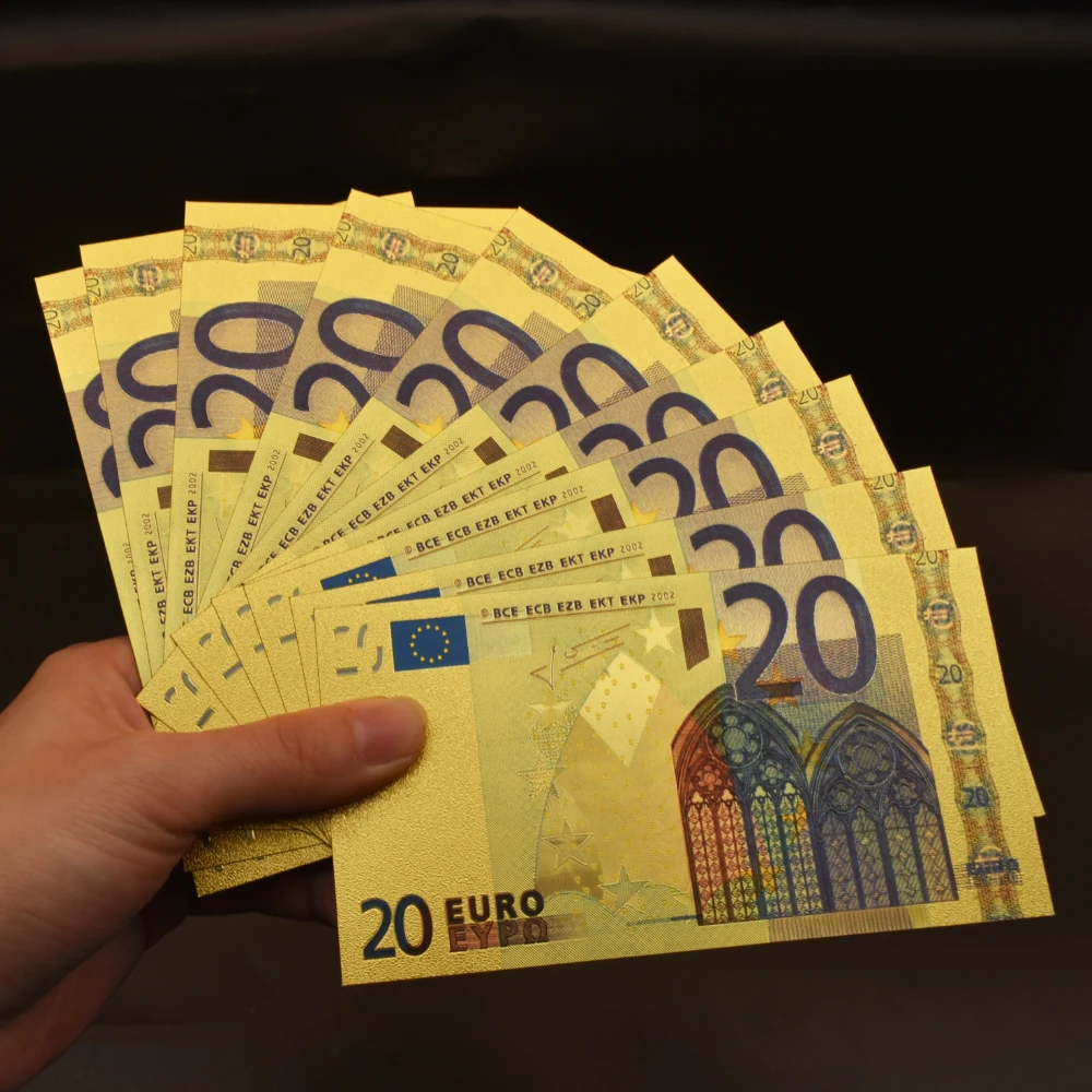 10PCS 20 Euros Gold Foil Banknotes Replica Money with Golden Certificate PET Plastic Foldable Notes Wholesale Items