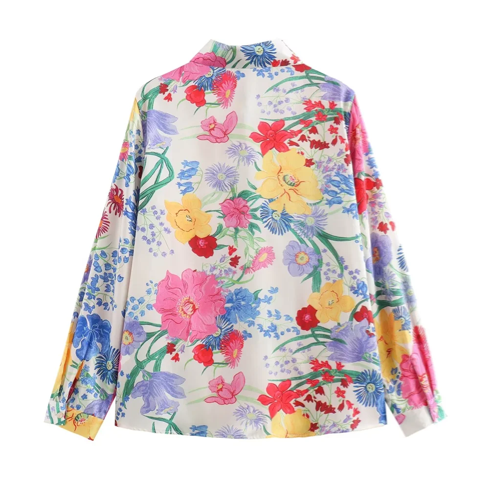 PB&ZA 2024 Summer New Women\'s Fashion temperament casual loose and versatile flower printed silk satin texture shirt