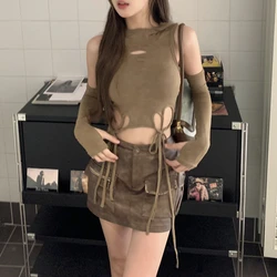 2024 Summer New Streetwear Hollow Lace-up Sexy Slim Hooded T-shirt Women + Casual Faux Leather A-line Skirt Two-piece Suit