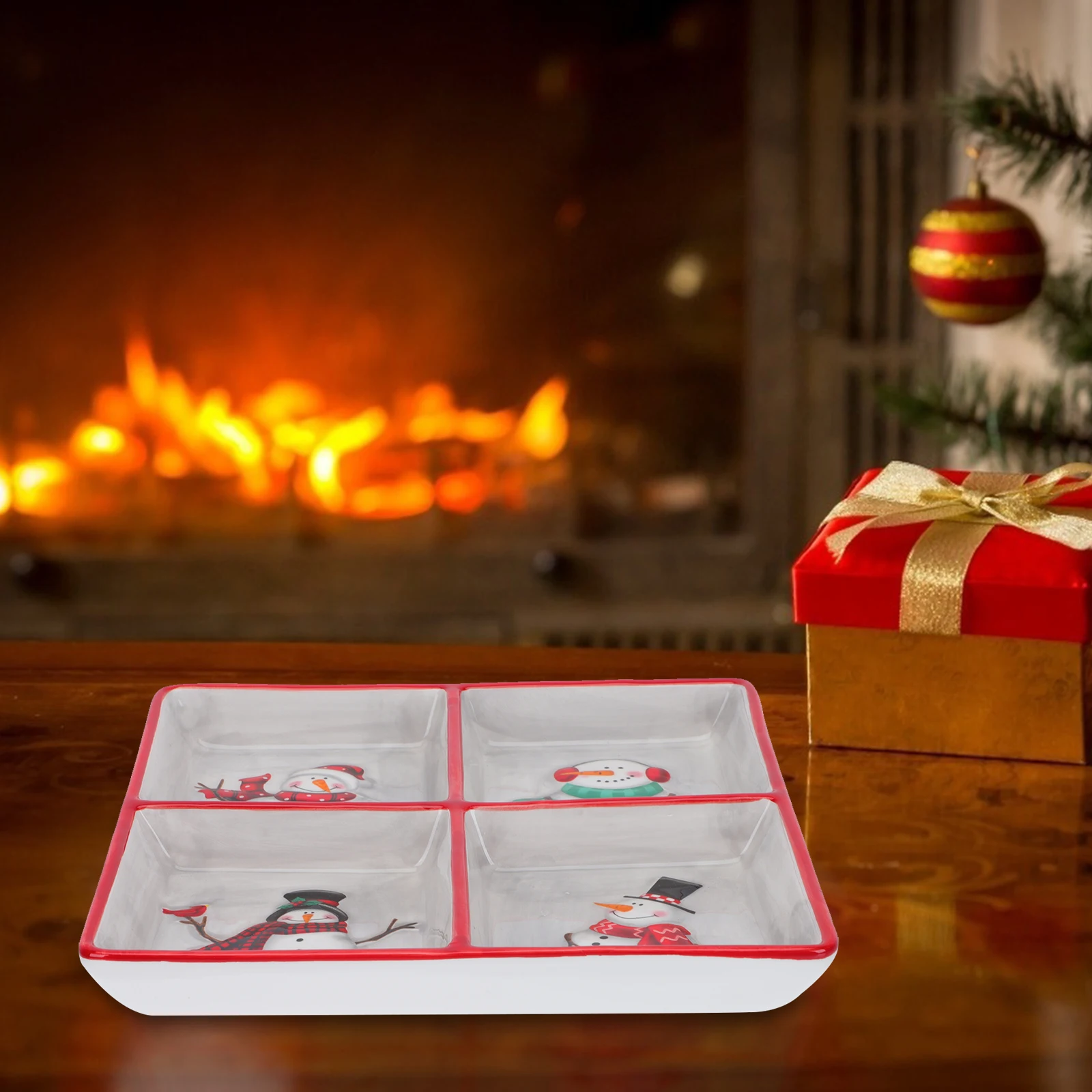 

1Pcs Ceramic Four Compartment Tray Smooth Polished Snack Serving Dish Christmas Fruit Holder Multipurpose Food Storage Plate