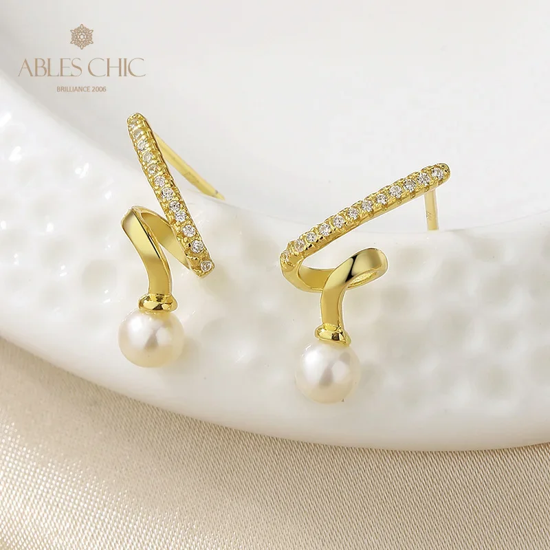 AC Freshwater Pearls 4-4.5mm and CZ Accent Paved Wire Studs  Solid 925 Silver Earrings PE1020