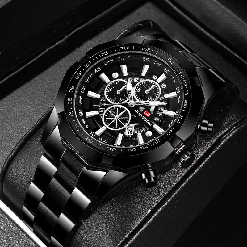 UTHAI Men's Watch Fashion Trend Three Eye Six Needle Luminous Calendar Sports Waterproof Steel Strip Quartz Watch Clock Gift