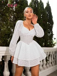 D & M-Women's Sweetheart Neck Dress, Lantern Sleeve, Two Layer Hem, School Party Dress, Elegant and Pretty Women's Dresses