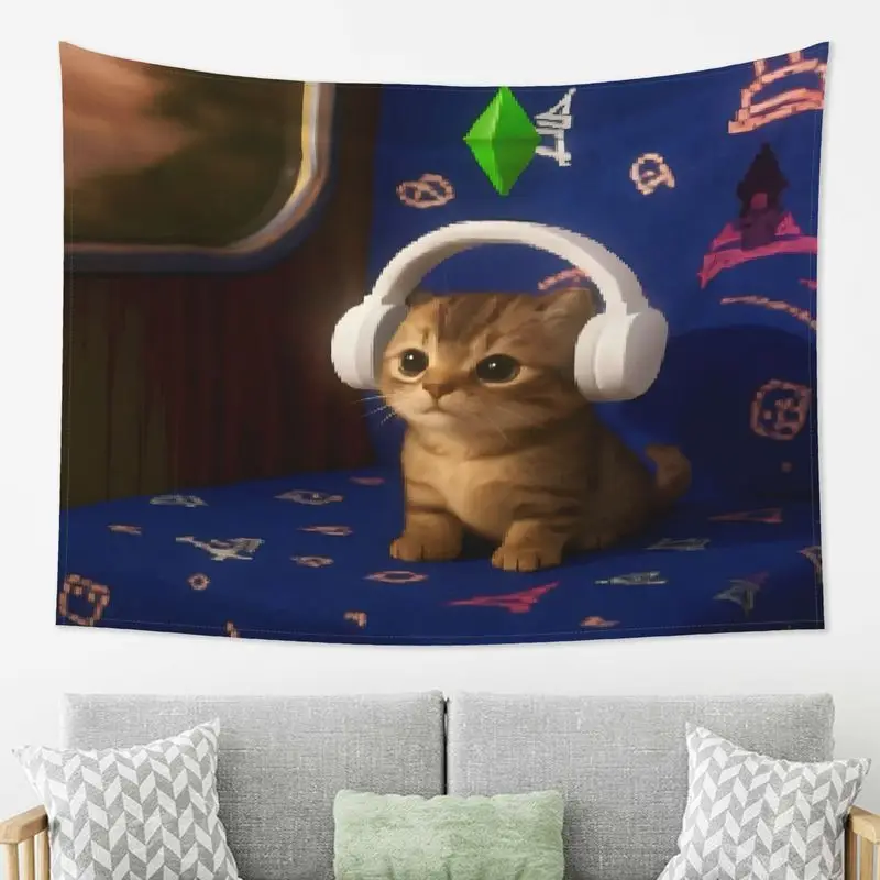 VIKAMA Pixel Style Cat Tapestry Cute Kitten with Headphones Wall Hanging Gaming Room Aesthetic Decor