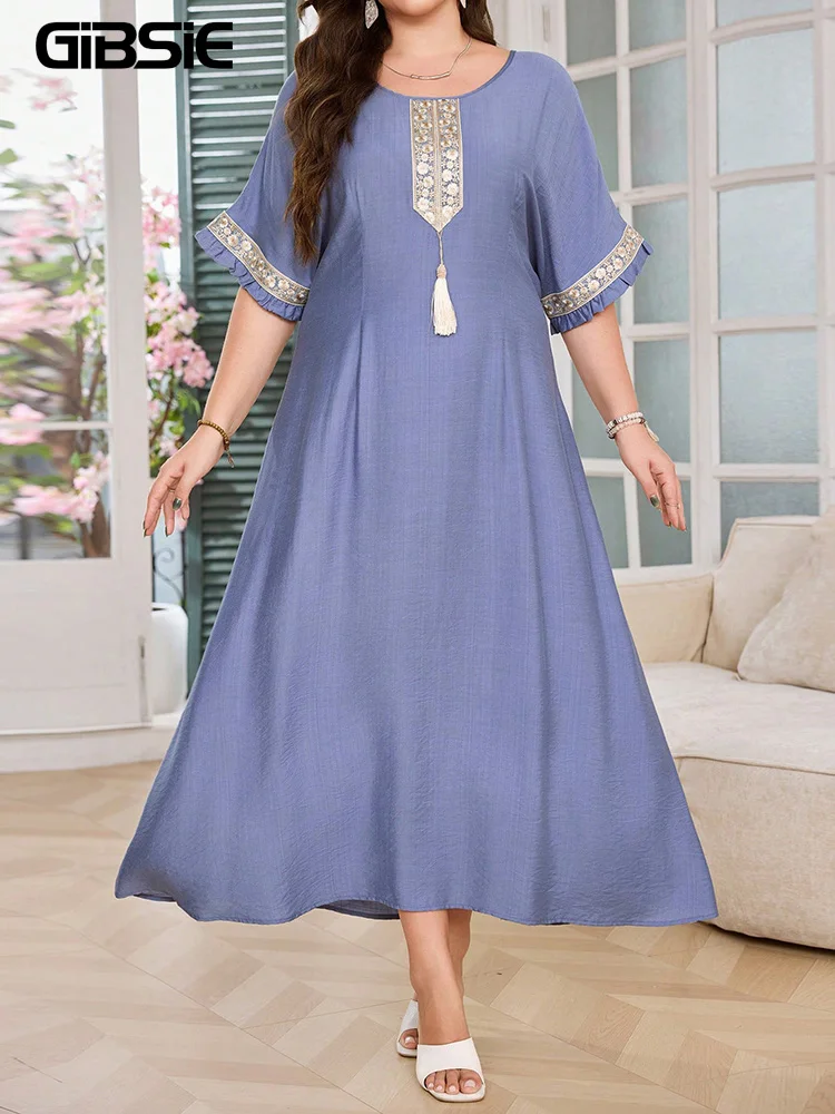 

GIBSIE Plus Size Vintage Tassel Embroidered V-neck Long Dress Women Summer Half Sleeve O-Neck Casual A-Line Dresses 2026 New