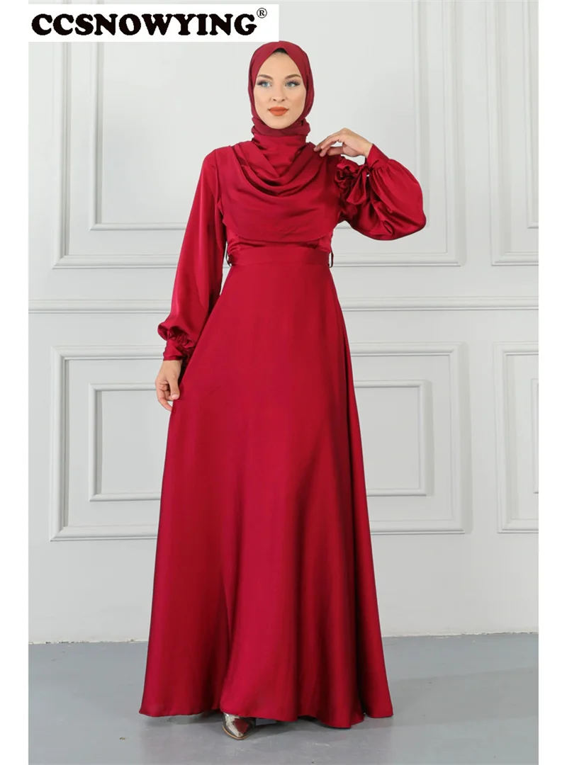 

Burgundy Satin Muslim Evening Dresses Arabic Dubai Long Sleeve Hijab Islamic Formal Party Gown High Neck A Line Robe De Soiree