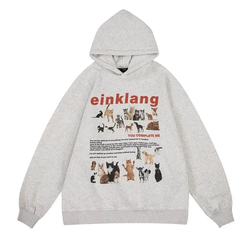 Grunge Cartoon Cat Dog Print Vintage Women Loose Casual Harajuku Long Sleeve Hoddies Preppy All Match Sweatshirts