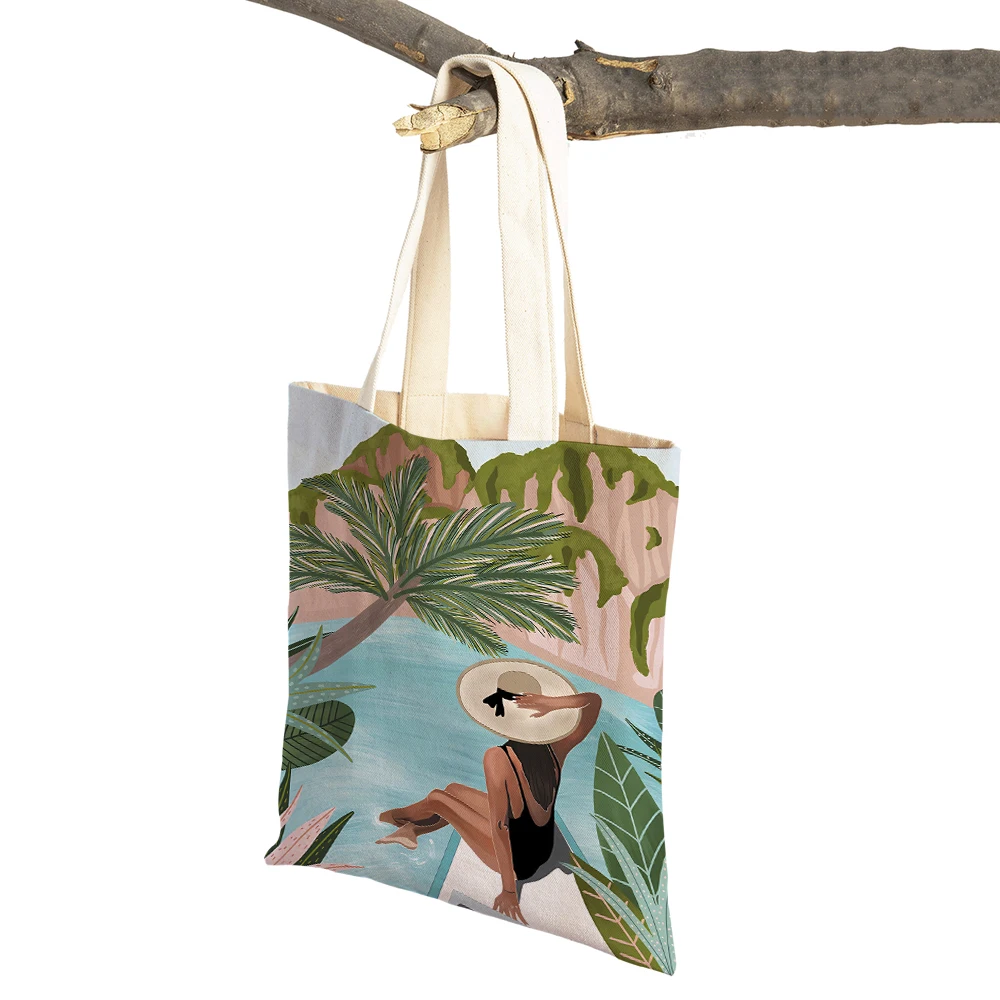 

Casual Canvas Painting Woman Shopping Bags Double Print Tropical Coconut Tree Monstera Chalets Shopper Bag Tote Lady Handbags