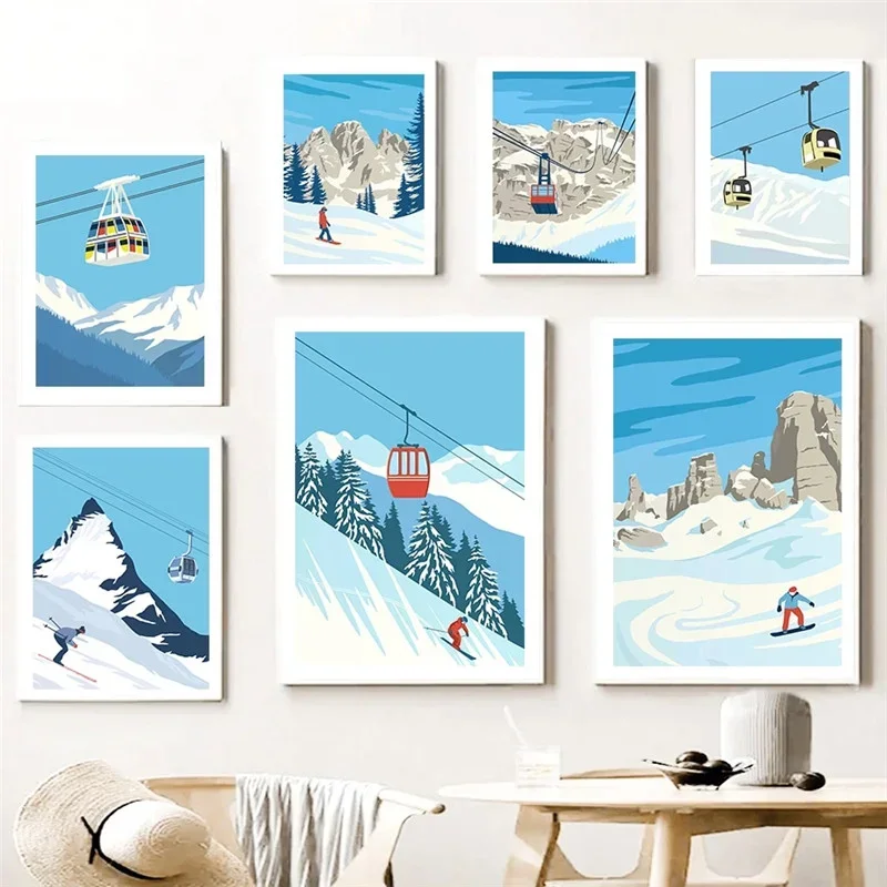 Blue Skiing Snowboard Mountain Winter Canvas Painting Ski Sport Wall Art Poster for Living Room Decoration Home Decor Picture