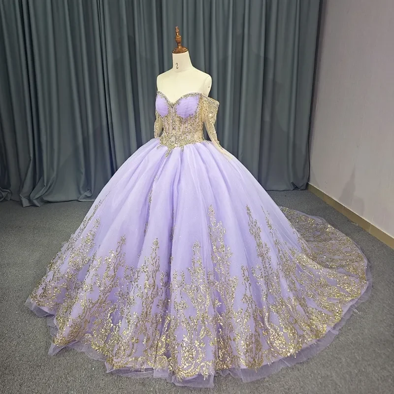 Wykwintne liliowe suknie ślubne księżniczki Gloden aplikacja kryształowa suknia balowa Vestidos 15 De Quinceanera Sweet 16 suknie dostosowane