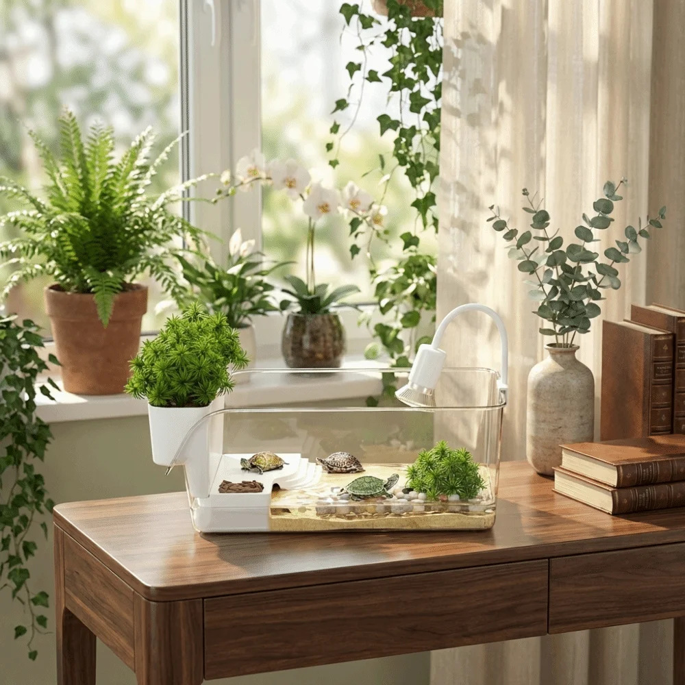 Transparentes Schildkrötenbecken mit Sonnungsflächen, Kunststoff-Terrarium mit Kletterpunkt, Trocken-Nass-Trennung, Schildkröten-Sonnenplattform