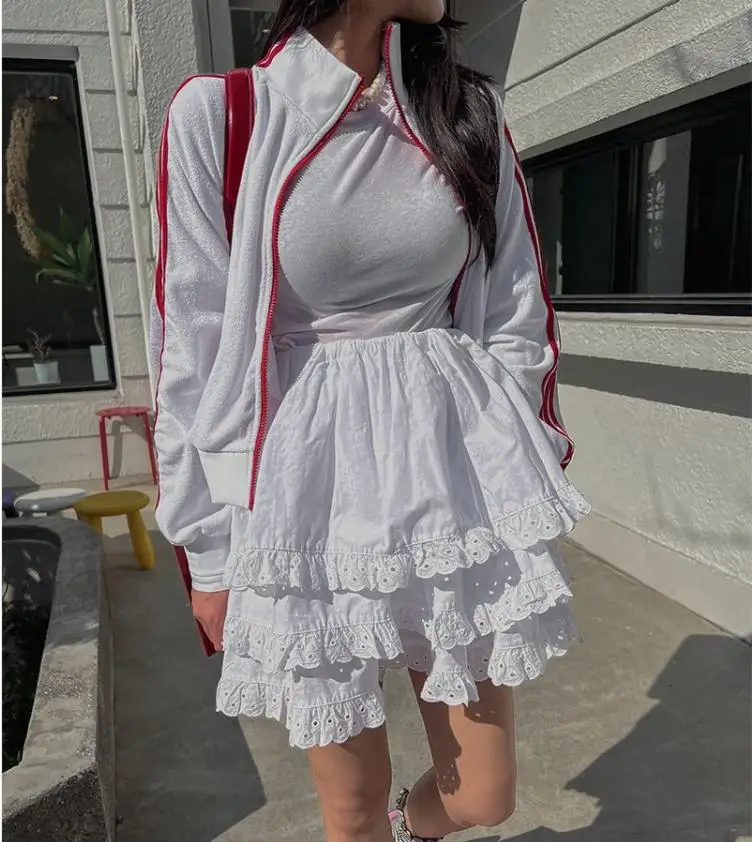 

Retro Lace Trim Splicing A-Line Skirt Women's Hook Flower Hollow out Slimming High Waist Folded ort Skirt