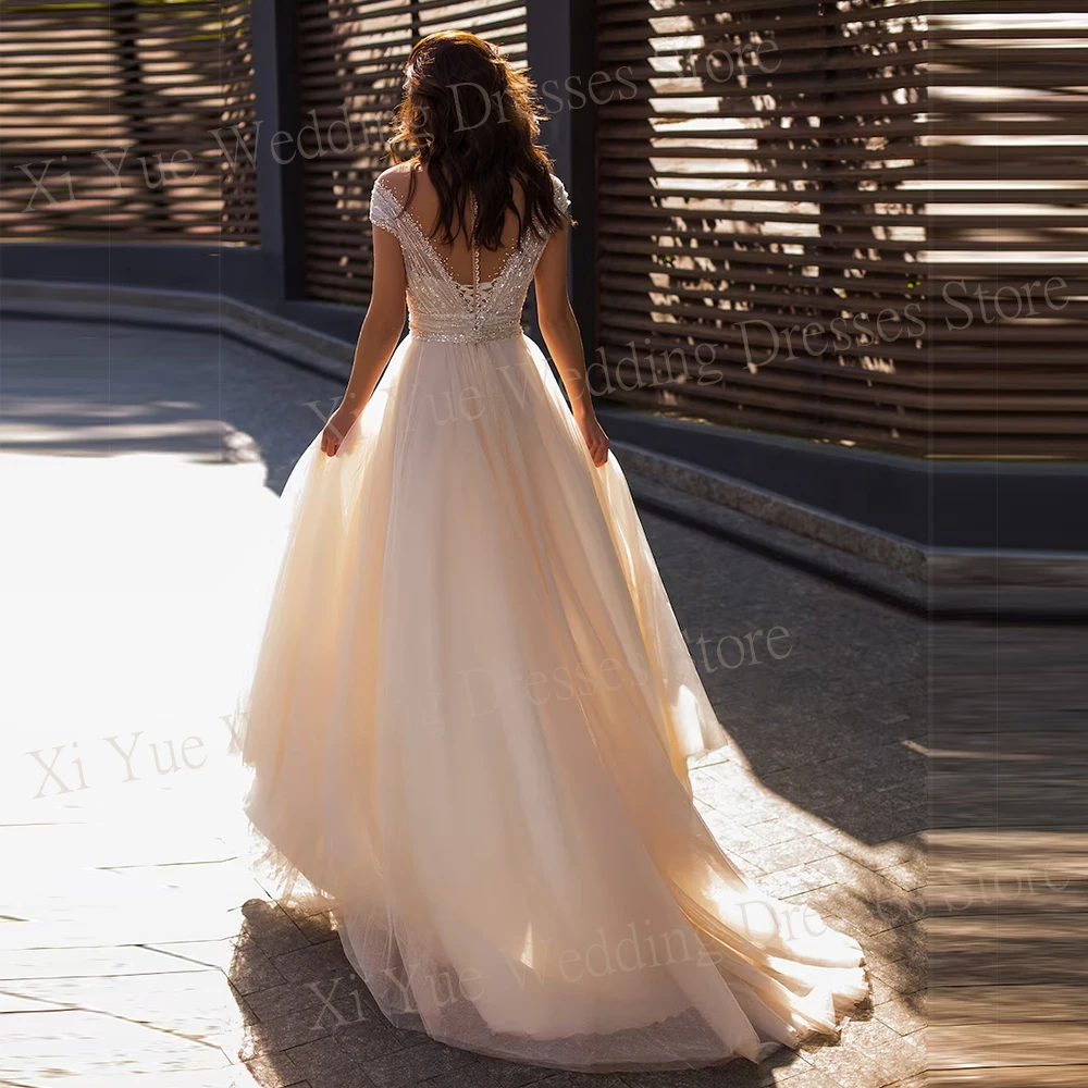 Vestidos de novia de línea A con cuello en V, Mangas de casquillo elegantes con lentejuelas brillantes en 3D, vestidos de novia sin espalda, tren de barrido de tul sin mangas, Sexy