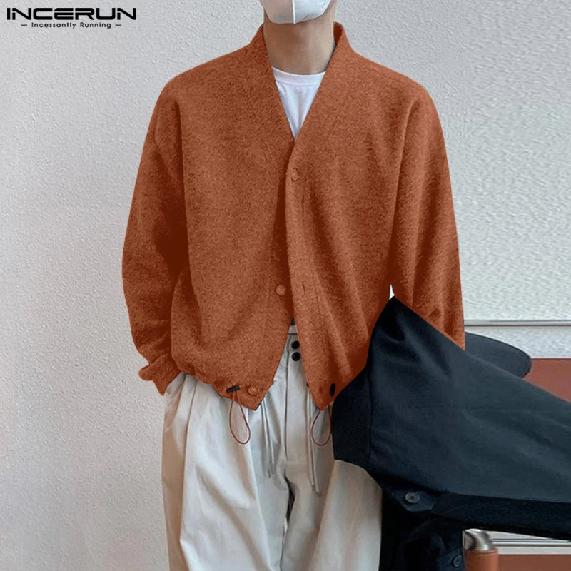 INCERUN Men Cardigan Solid Color V Neck Long Sleeve Button Casual Male Sweater Streetwear Knitted 2025 Fashion Sweater Coats Men