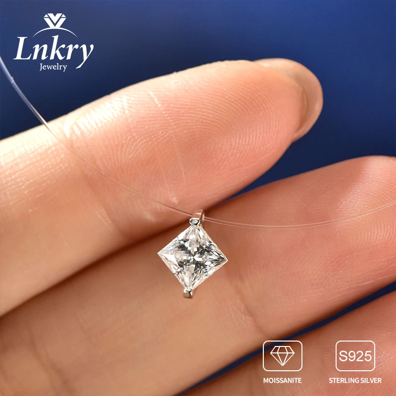 

Lnkry 0.5CT 1.0CT Solitaire Princess/Pear Cut Moissanite Necklaces For Women s925 Silver Transparent Fishing Line Necklace