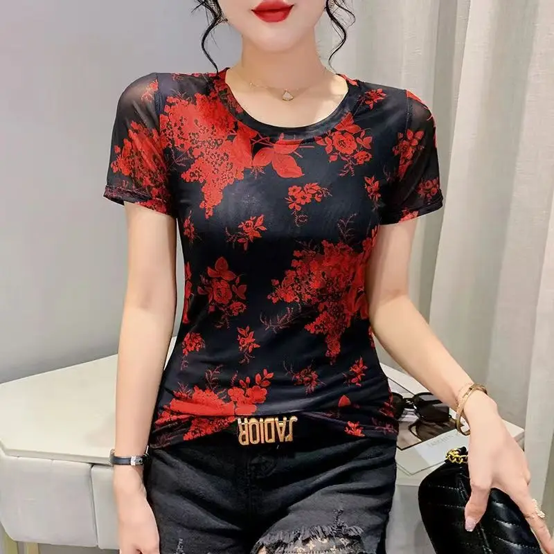 Women Vintage Floral Print Round Neck Slim Ice Silk Basic T-shirt Summer Korean Fashion Short Sleeve Elegant Tops Ropa De Mujer