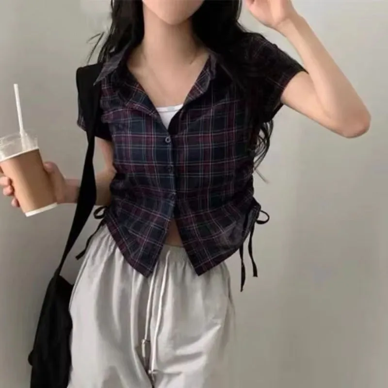 

Korean Chic Plaid Short Sleeve Shirt Women Lapel Drawstring Design Sheer Button Blouse Vintage Y2k Aesthetic Crop Top