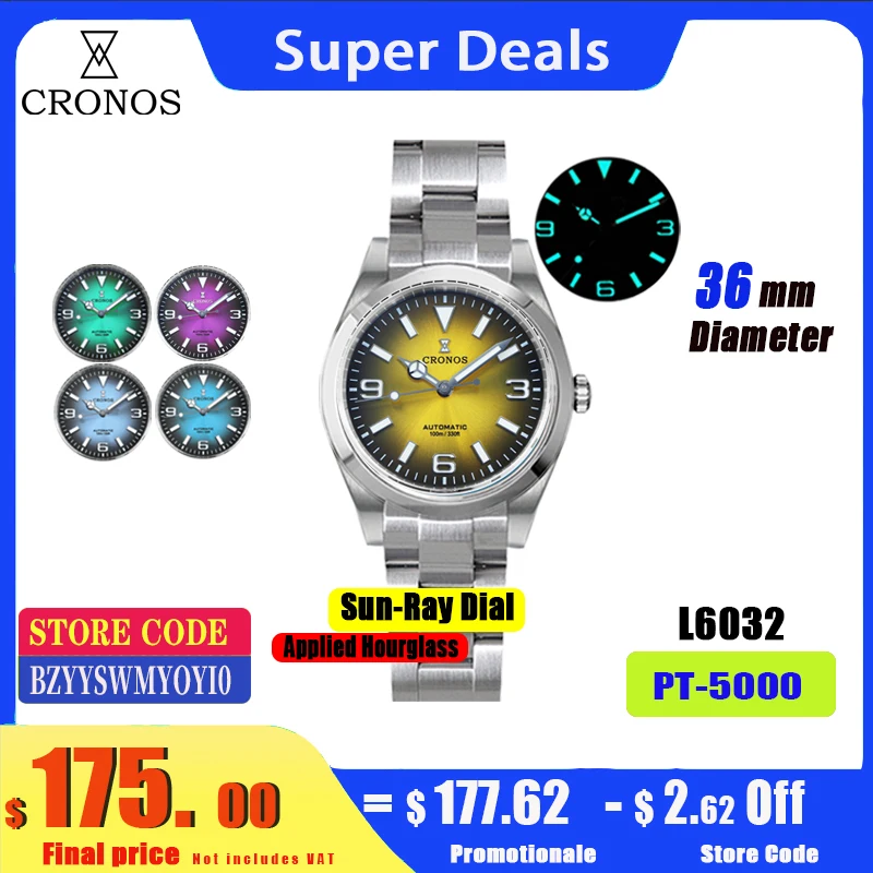 Cronos EX Mechanical Men Watch 36mm PT5000 Miyota90S5 AutomaticSapphire Glass Bushed Bracelet 10ATM L6032M