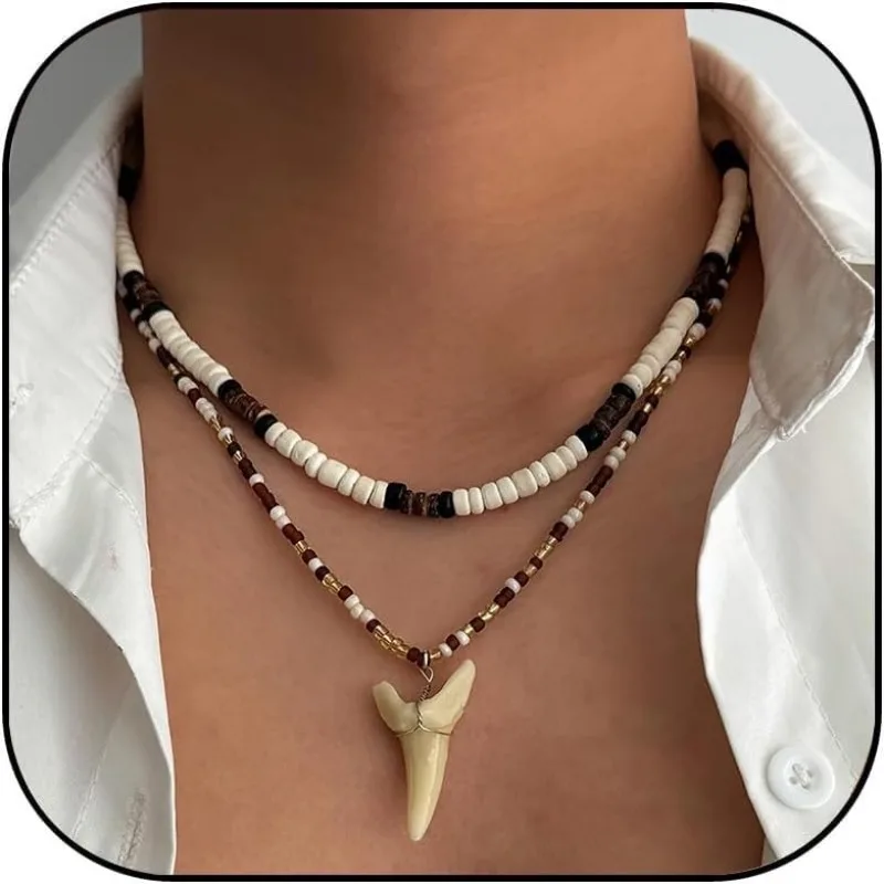 Puka Shell Necklace for Men Layered Sharktooth Cowrie Coconut Black Brown Wood Beaded Necklaces Summer Beach Jewelry Gift