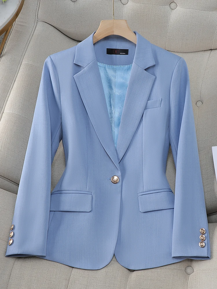 

Синий приталенный женский пиджак для повседневной носки и работы, с завышенной талией, длинный рукав, полиэстер, для осени и зимы