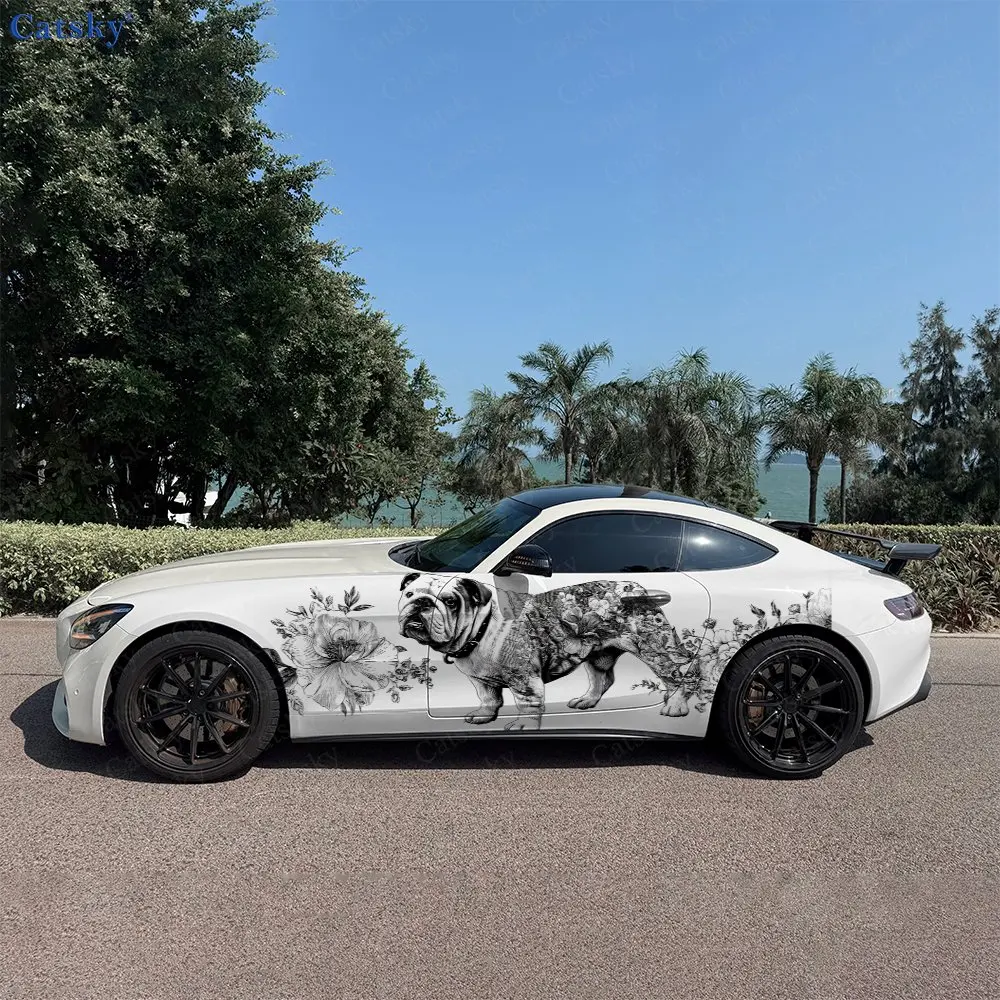2pcs Vintage Sketch Bulldog Car Side Wraps, Self-Adhesive PVC Waterproof & Scratch-Resistant Stickers, Car Accessory Gift