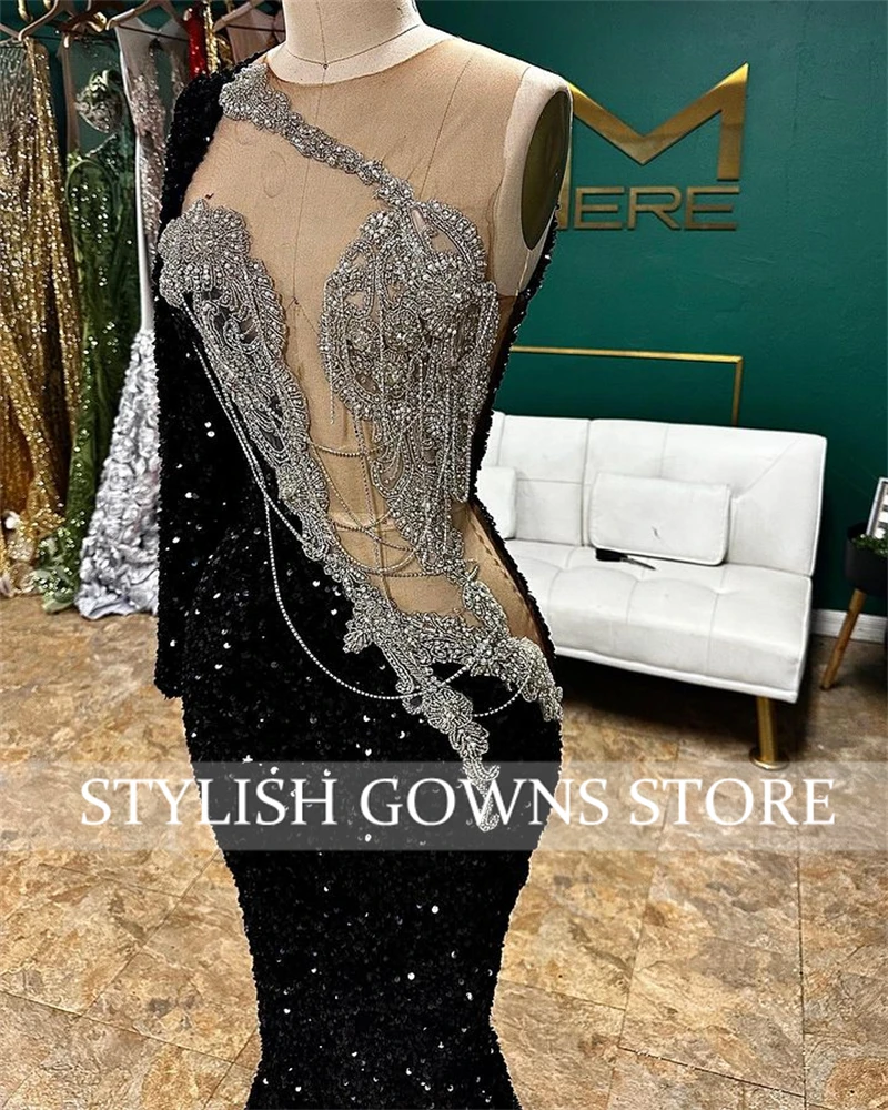 O N Long Prom Dress Black Girls 2024 Sparkly Beaded Tassel Birthday Party Dresses Sequined Evening Gowns Robe De Bal Customized