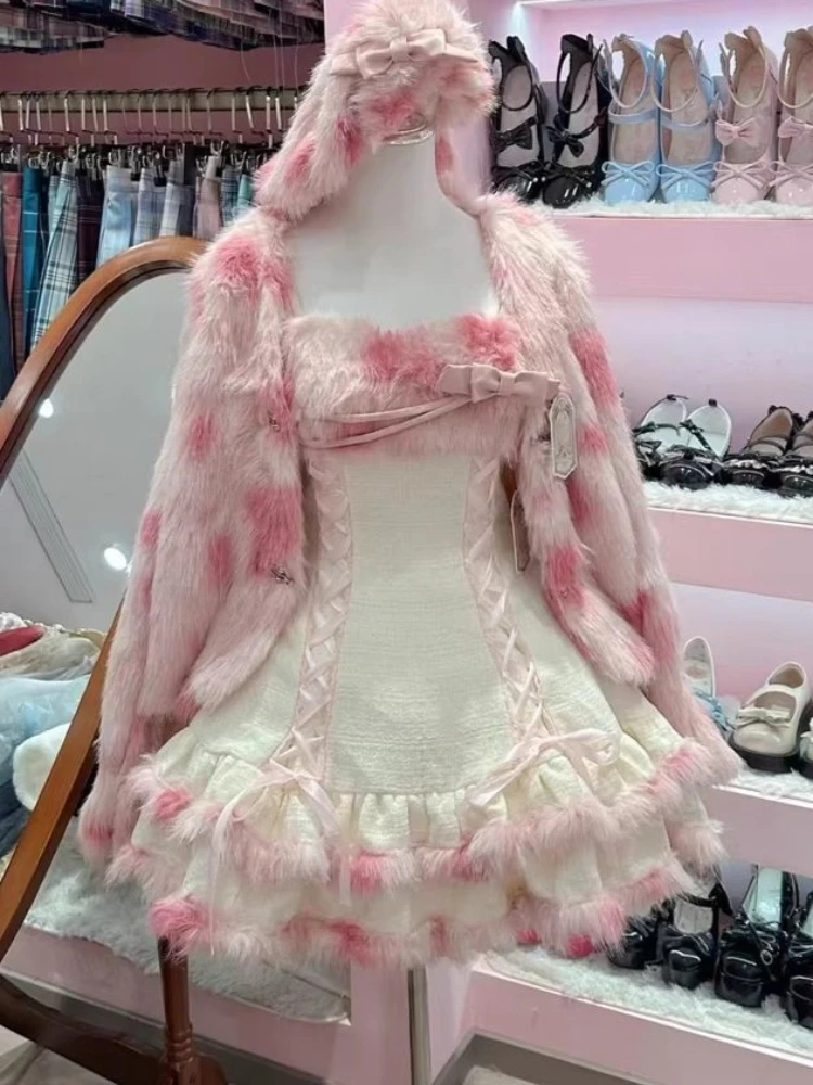 

Japanese Kawaii Lolita Elegant Princess 2 Piece Sets Women Pink Hooded Design Coat+ Retro Dress Female Korean Popular ​Clothes