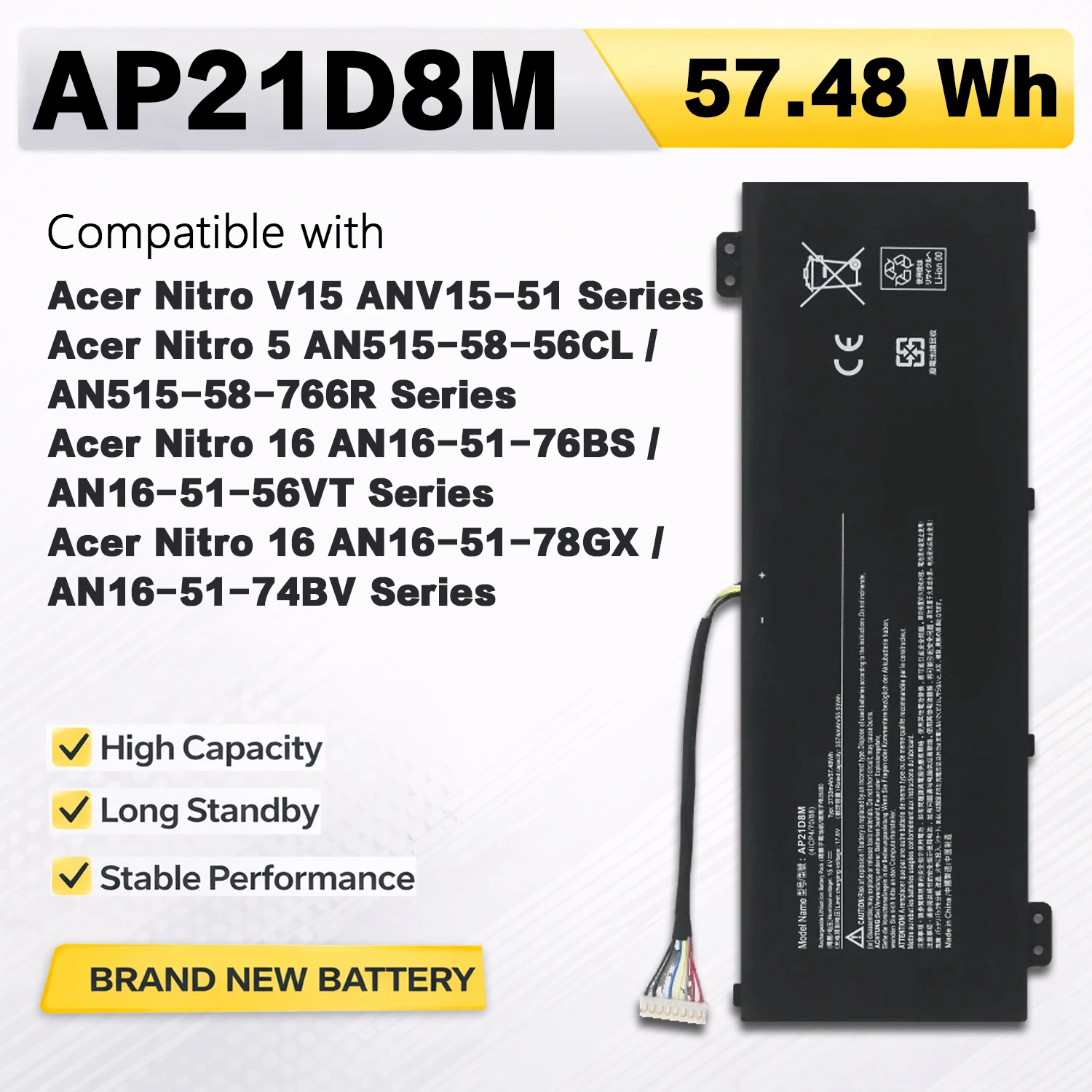 PowerHub AP21D8M 15.4V 57.48Wh 3733mAh Laptop Battery For Acer Nitro V15 ANV15-51 AN515-58 AN16-51 N22C1 AN515-58-56CL ANV15-42
