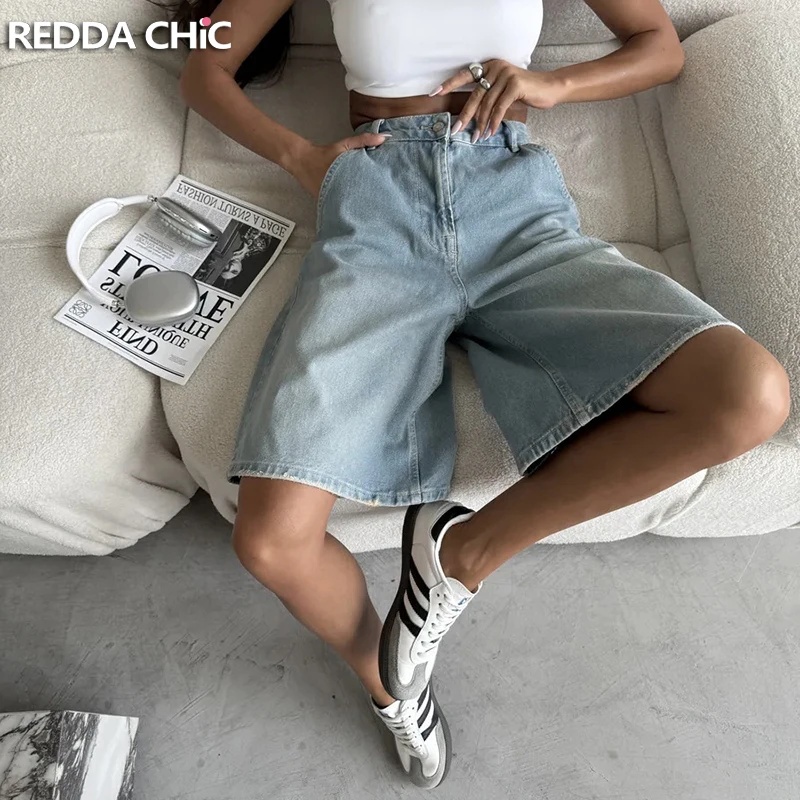 

ReddaChic Light Wash Denim Women Bermuda Pants Cleanfit Casual Plain Knee Long A Line Wide Leg Jean Shorts Retro Summer Clothes