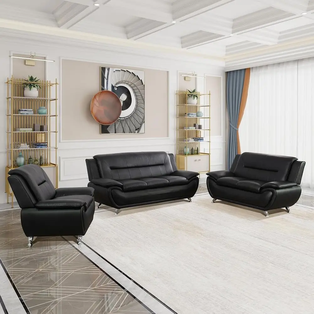 

Комплект кожаной мебели для гостиной из 3 предметов: диван, кресло и кушетка, прочные ножки, черный цвет