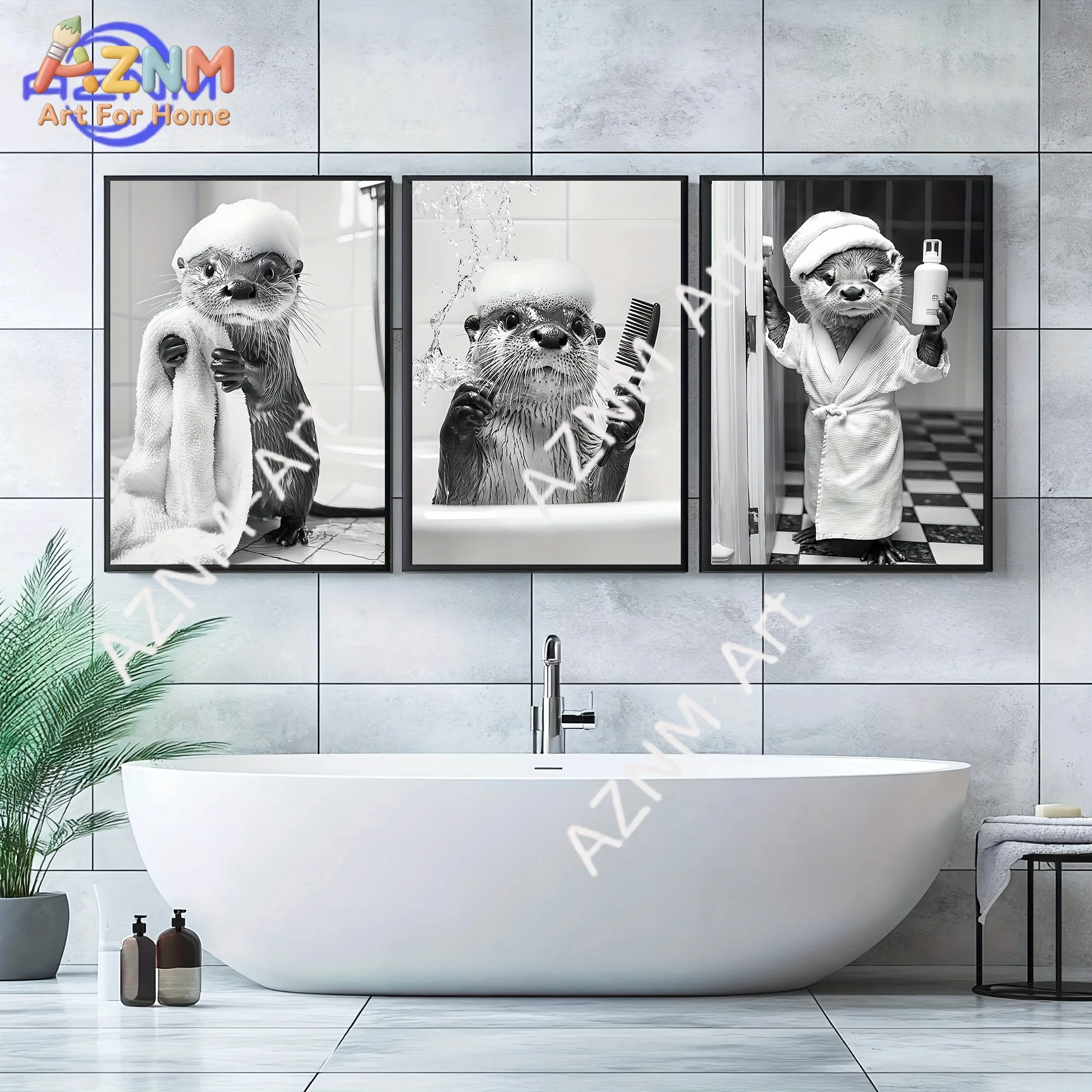 3PCS Funny Otter Bathing Black and White Canvas Wall Art, Cute Otter in Bathrobe with Towel Comb Prints, Humorous Animal Bathroo