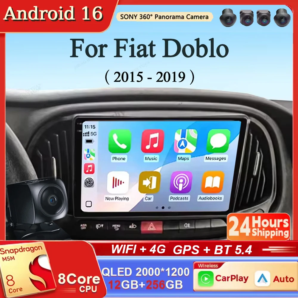 Android 16 WIFI+4G Carplay Car Radio For Fiat Doblo 2015 - 2018 2019 2020 GPS Multimedia Video Player Stereo 360 Camera WIFI GPS