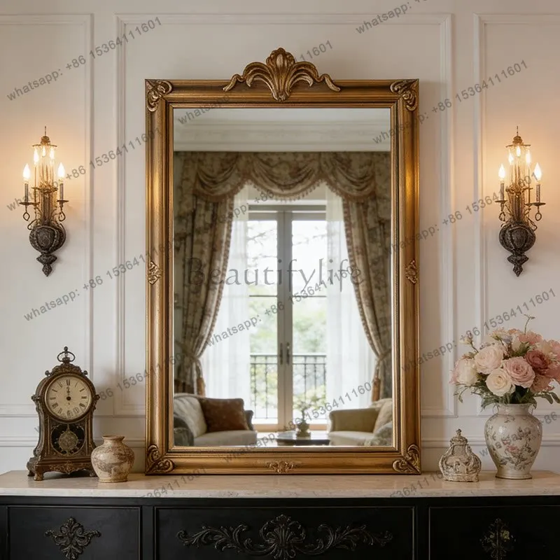 French retro carved makeup mirror wall-mounted European fireplace gorgeous decorative mirror