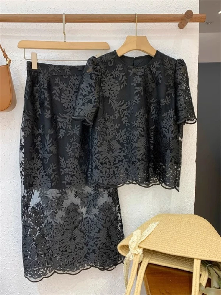 Summer Elegant Hollow Lace Suit Women 2024 New Good Quality Short Sleeve Top+High Waist Skirt French Commuter 2-Piece Set Trendy