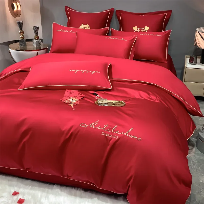 

Wedding Bed 4-piece Set Wedding Big Red 4-piece Set Washed Cotton Red Embroidery 4-piece Embroidery