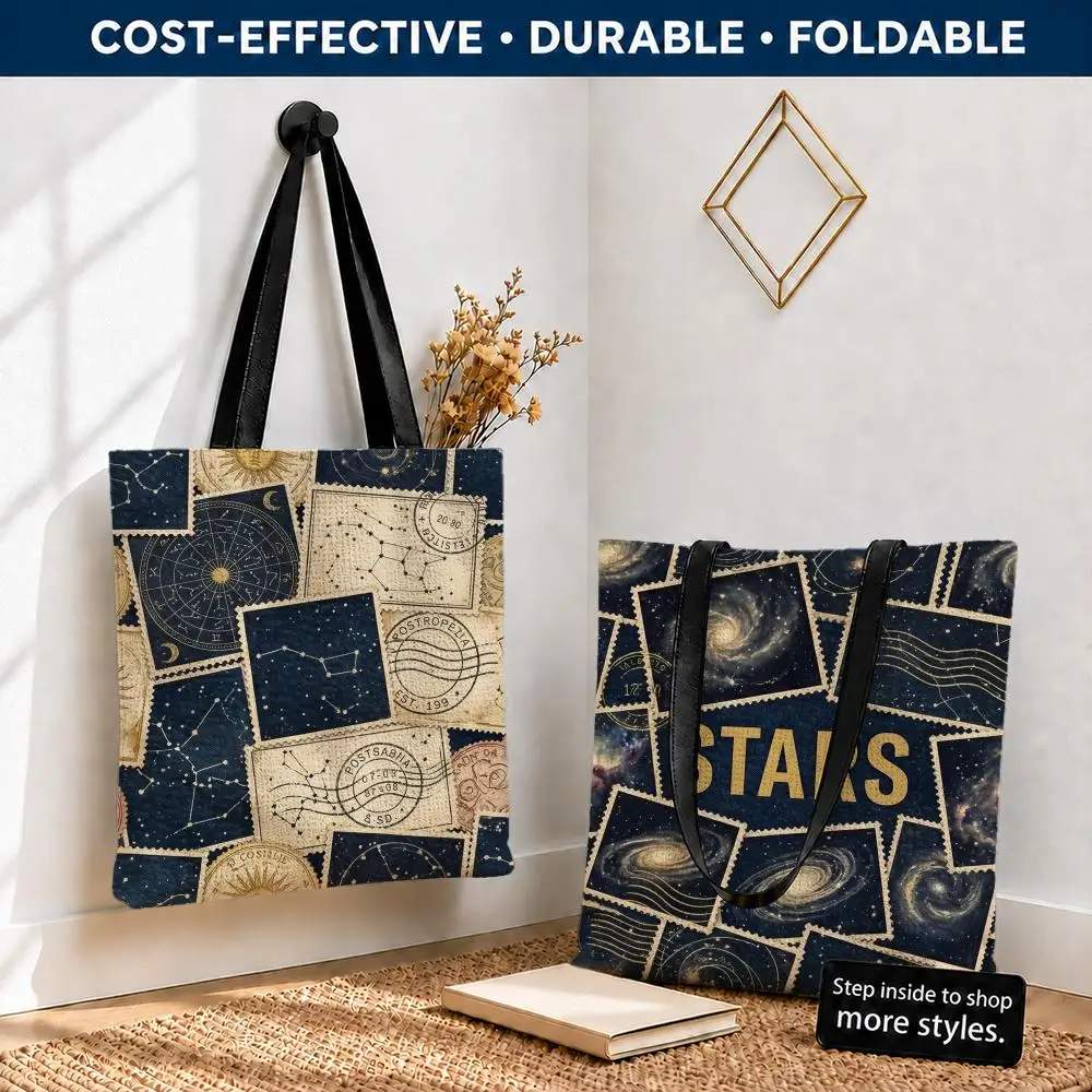 celestial stamp collage Storage Bags Polyester Canvas Tote Lightweight Foldable Reusable Shopping Bag Shoulder Straps