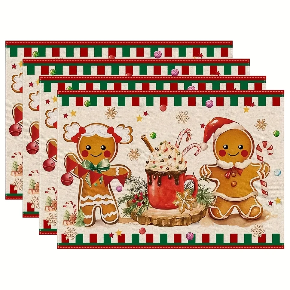 4/6/8pc Christmas Red Apple Holly Bird Linen Placemats Traditional Holiday Kitchen Dining Table Decor Classic Seasonal Home