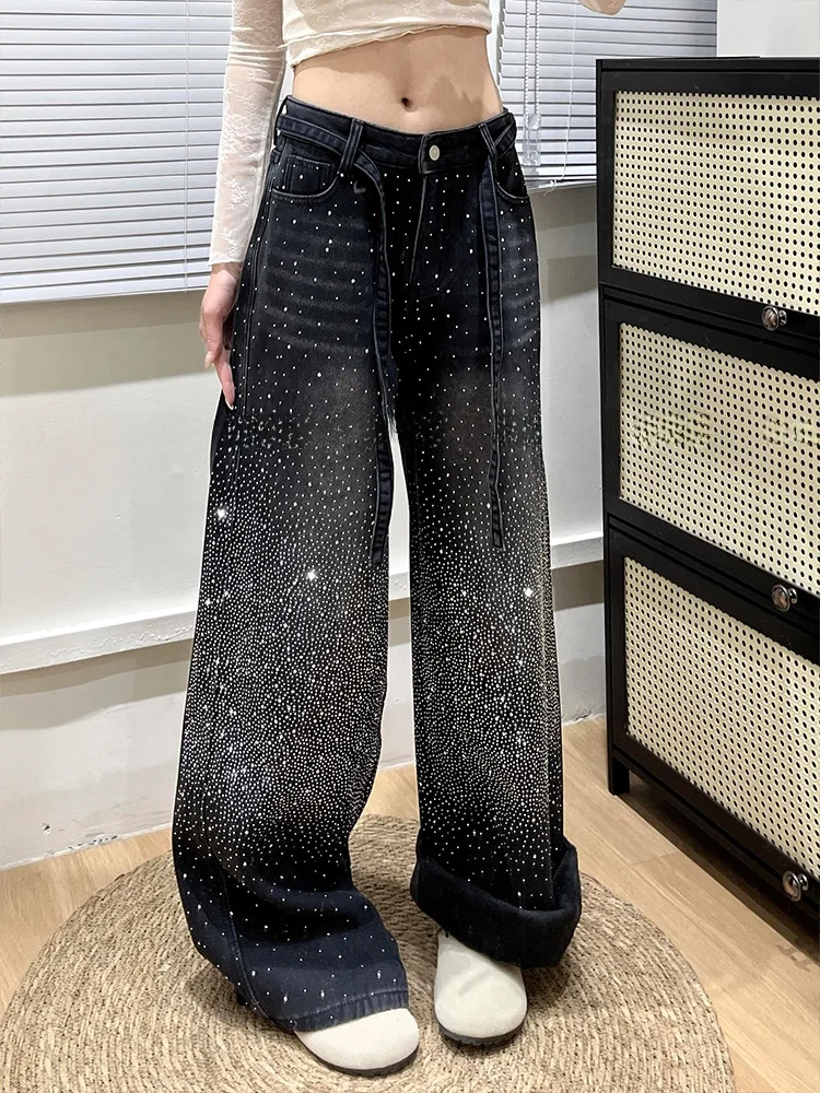 

Джинсы в американском стиле Spicy Girl Heavy Duty Star Bright Diamond Splicing, женские, ретро-дизайн, широкие штанины, длина в пол