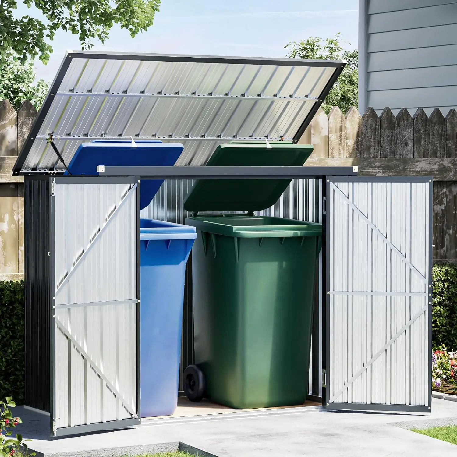 6x3ft Metal Trash Can Storage Shed with Lift-up Lid & Double Doors, Sloped Roof Gas Strut for Patio Backyard, Customized