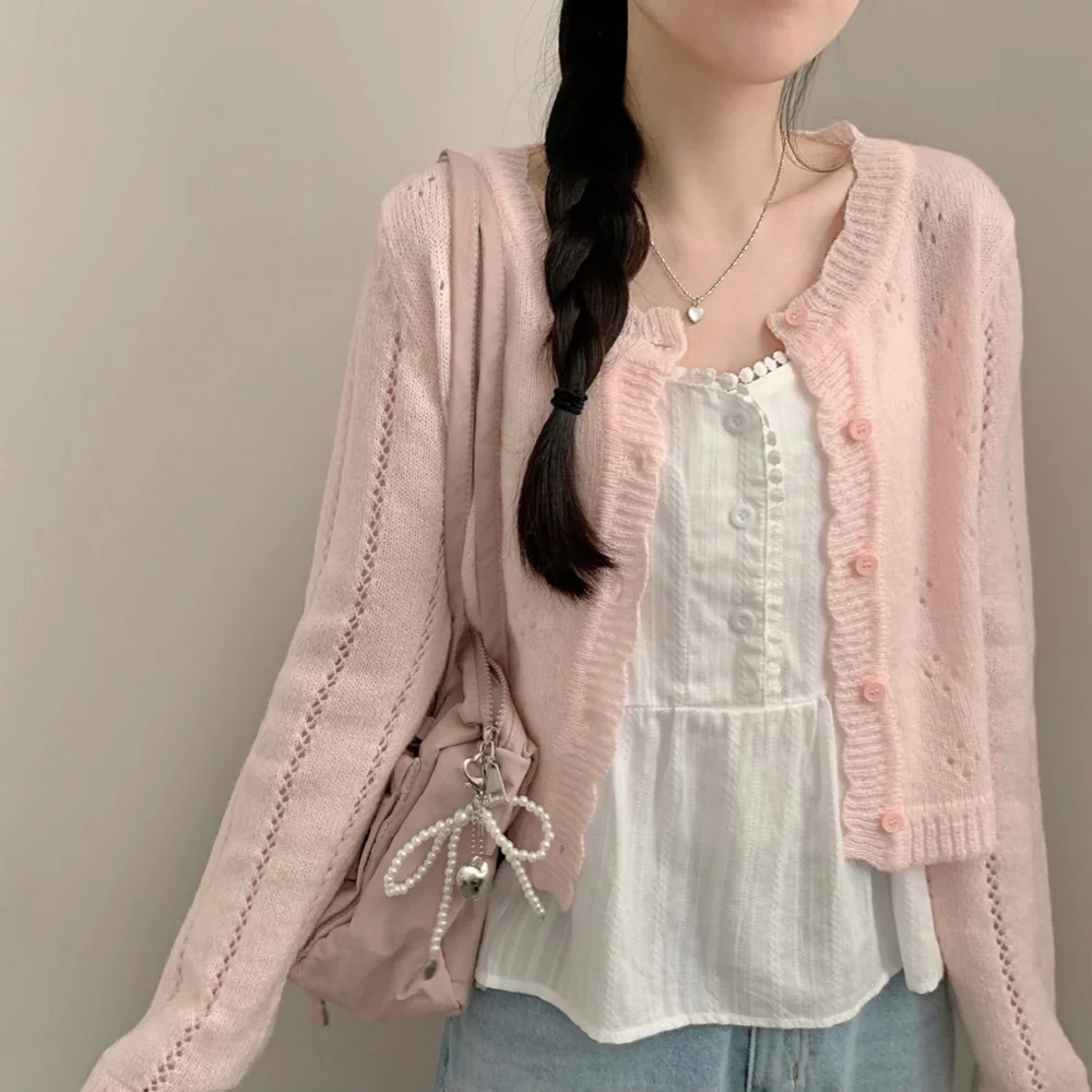 

Chic Spring Women's Knitted Hollow out Design Casual Top Thin round Neck Single Button Outerwear Soft Polyester Fiber Long Sl...