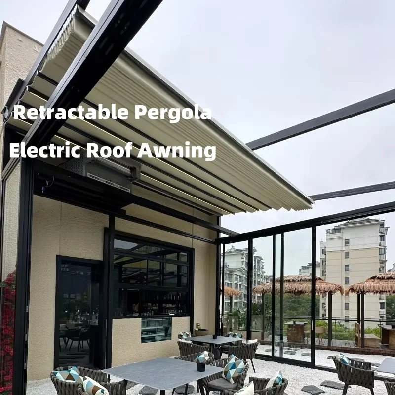 Sunroad Pergola retráctil hecha a medida, toldo de techo eléctrico, toldo de techo de tela resistente al viento y a la lluvia, toldo de lona para jardín