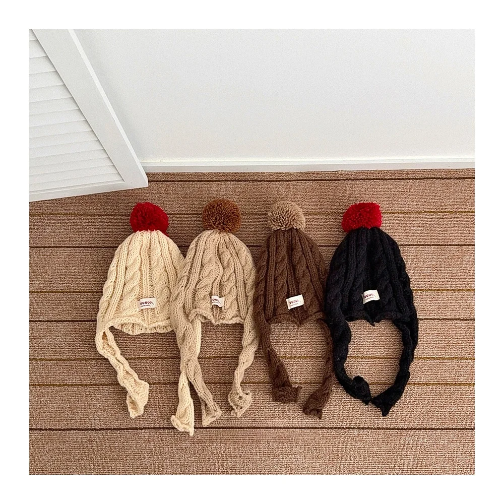 

2025 Korean Style Baby Hat Warm Pom Pom Cable Knit Earflap Hat Kids Winter Knitted Beanie with Ear Protection for Girl Boy