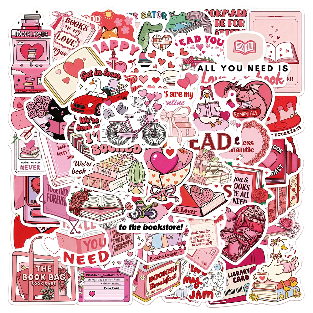 10/30/50 Stück Rosa Lesebuch-Aufkleber Cartoon Valentinstag Buchliebhaber-Sticker für Tagebuch Koffer Handy Niedliche Wasserfeste Deko-Aufkleber