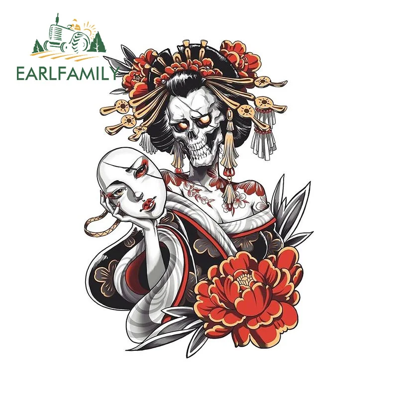 EARLFAMILY Japan Geisha Skull Car Sticker Skeleton Mask DIY Decal Comical Car Styling JDM Car Window Helmet Decoration