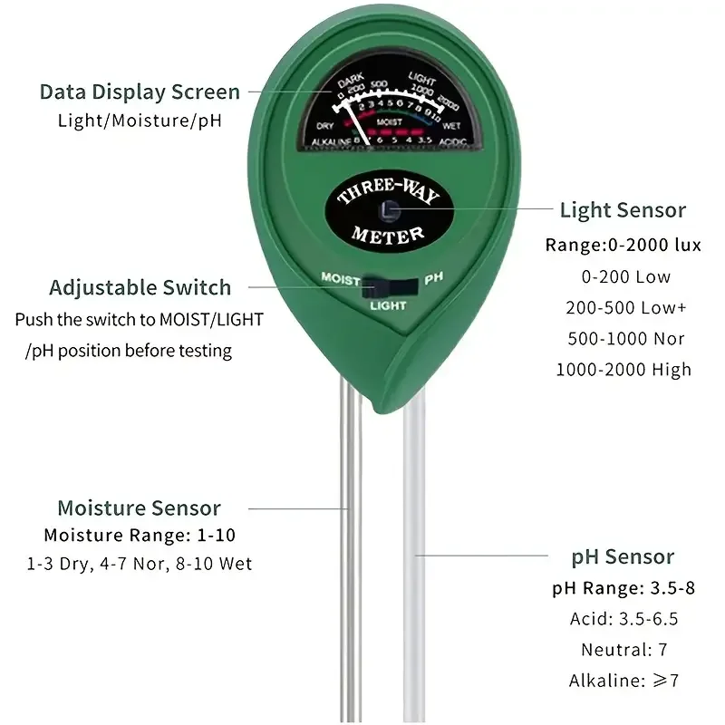 3 In 1 Moisture Sunlight PH Meter Soil Water Acidity Humidity Light PH Test Garden Plants Flowers Moist Tester