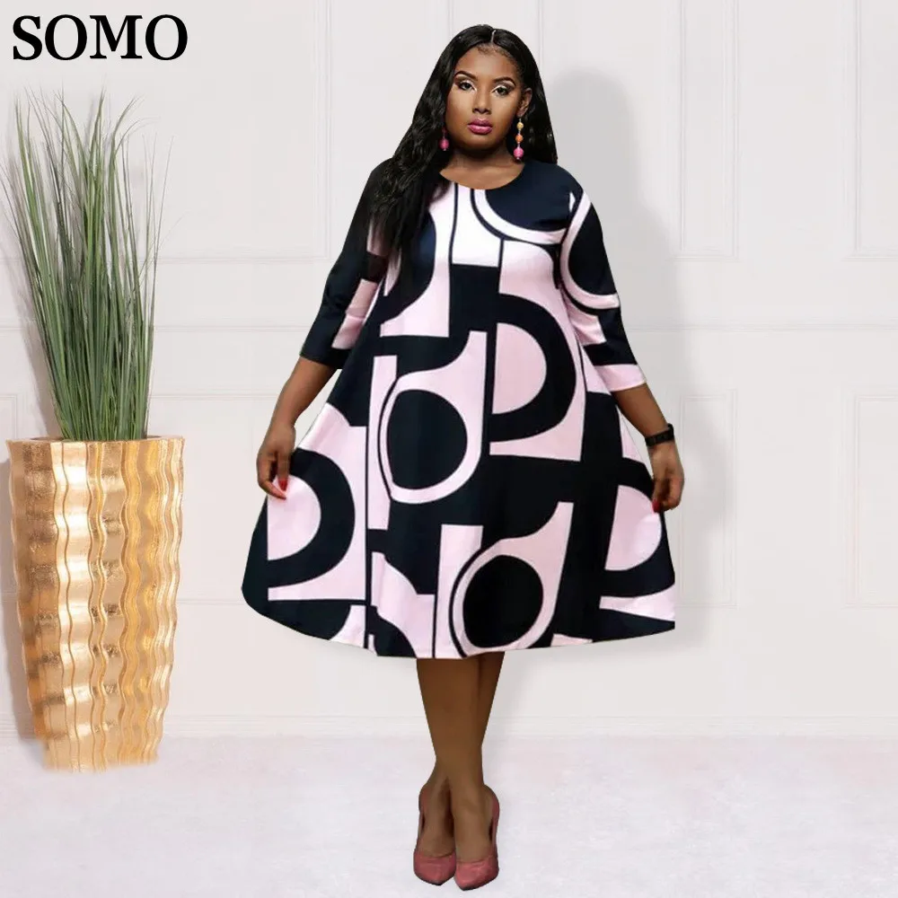 SOMO Casual Spring Summer Dress Women 2023 Fashion Printed Crew Neck Midi Elegant Dresses Plus Size Wholesale Dropshipping