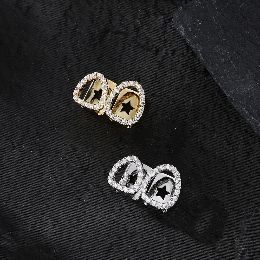 Fashion Double Hollow Tooth Grillz Hip Hop Copper Iced Out Cubic Zircon Stone Hollow Teeth Grillz For Women Men Body Jewelry