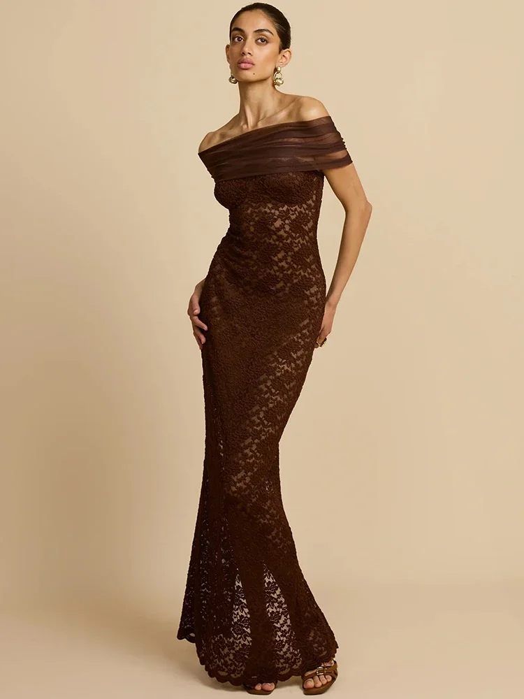 

Lace Off-shoulder Backless Sexy Maxi Dress Women Gown Elegant See Through Strapless Sleeveless Split Bodycon Club Dress