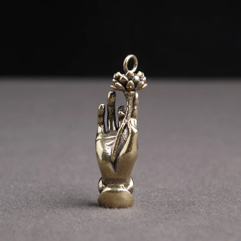 

Brass Retro Guanyin Buddha Hand Lotus Keychain Creative Pendant